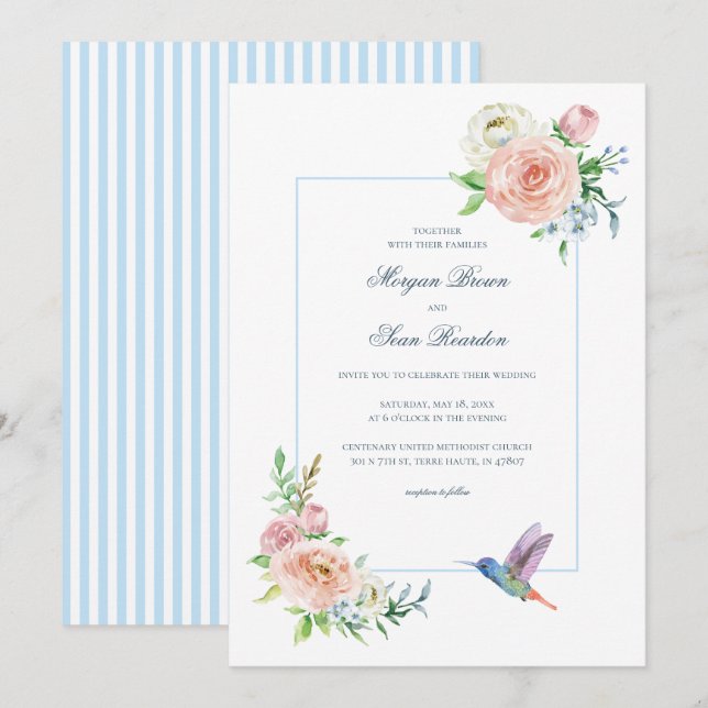 Watercolor Floral Hummingbird Seersucker Wedding Invitation (Front/Back)