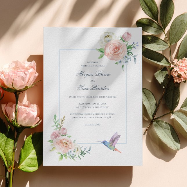 Watercolor Floral Hummingbird Seersucker Wedding Invitation (Creator Uploaded)
