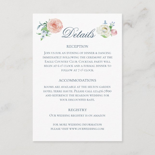 Watercolor Floral Hummingbird Wedding Details Enclosure Card (Front)