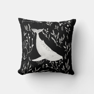 Watercolor Floral Humpback Whale Black Cushion