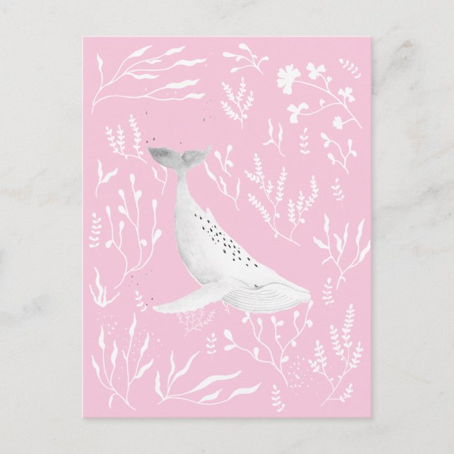 Watercolor Floral Humpback Whale Pink Postcard (Front)