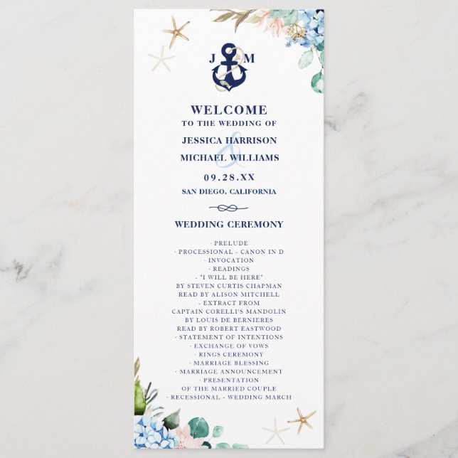 Watercolor Floral Hydrangea Anchor Beach Wedding Programme (Front)