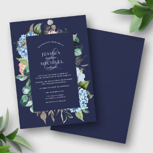 Watercolor Floral Hydrangea Deep Blue Wedding Invitation