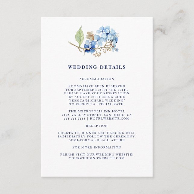 Watercolor Floral Hydrangea Navy Wedding Details Enclosure Card (Front)