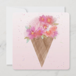 Watercolor Floral Ice Cream Cone with Name Card