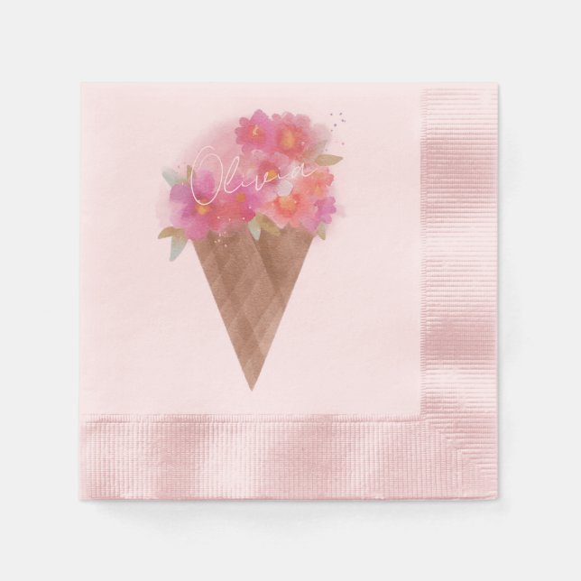 Watercolor Floral Ice Cream Cone with Name Napkin (Front)
