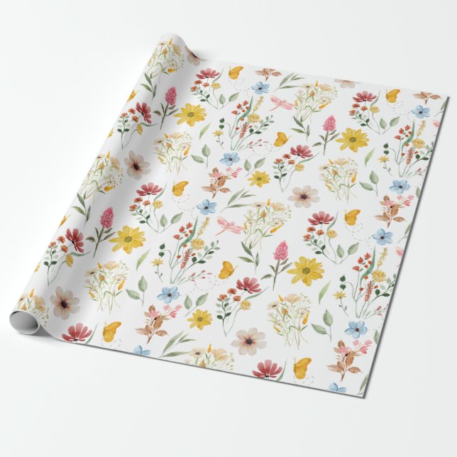 Watercolor Floral Illustration Wild Flowers Wrapping Paper (Unrolled)