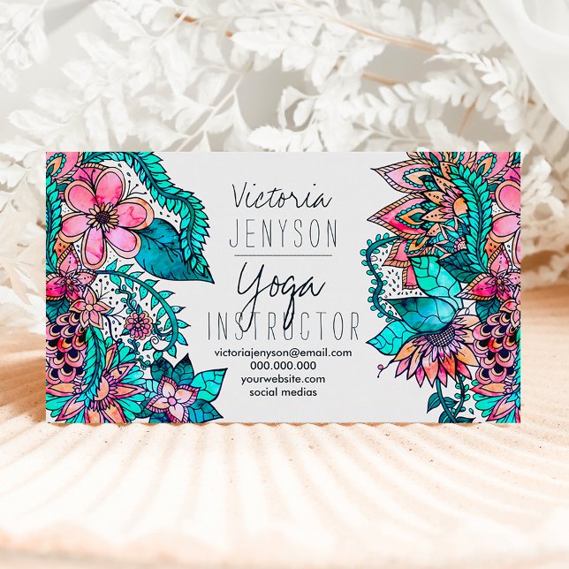 Watercolor floral illustration yoga instructor business card (Creator Uploaded)