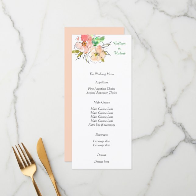 Watercolor Floral Impressions Wedding Menu (Front/Back In Situ)