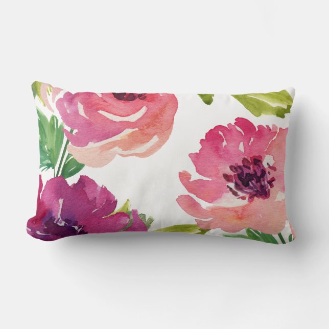 Watercolor Floral in Pink and Purple Lumbar Cushion (Front)