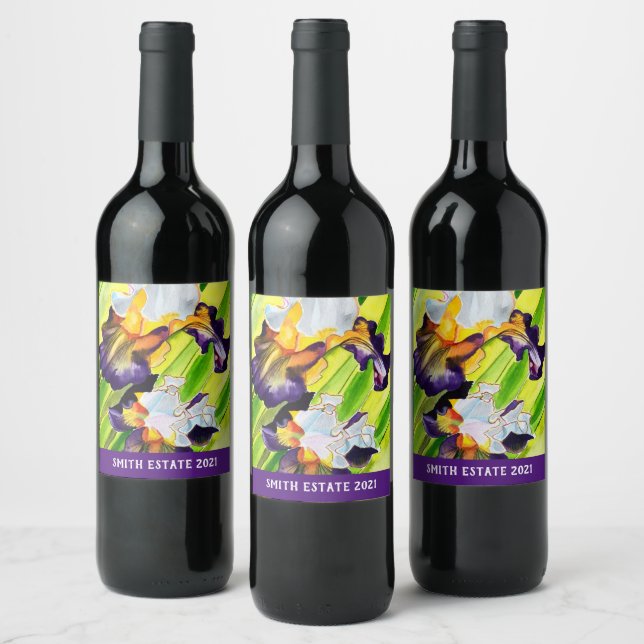 Watercolor floral iris flower wine label (Bottles)
