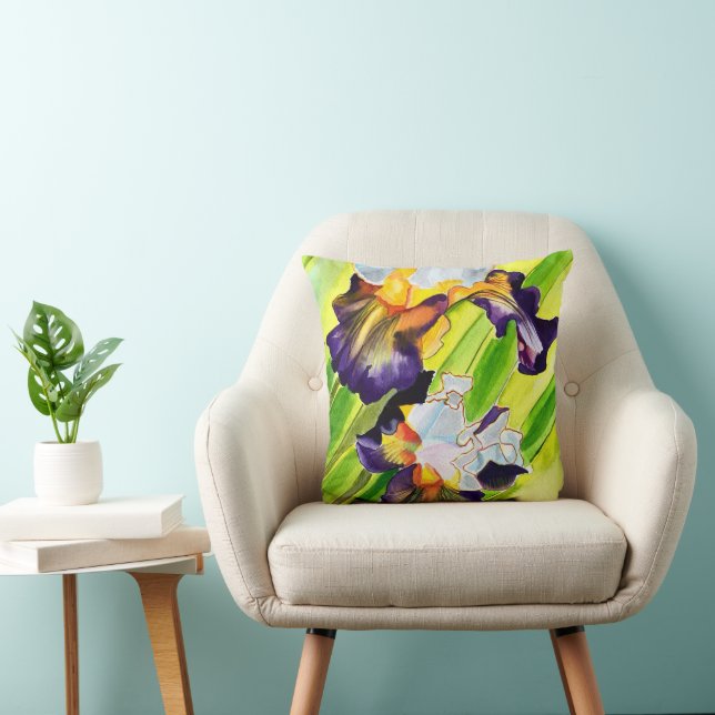 Watercolor floral iris purple green cushion (Chair)