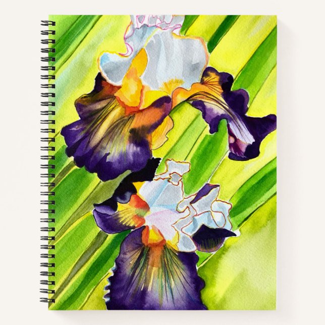 Watercolor floral iris purple green notebook (Front)