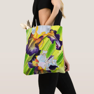Watercolor floral iris purple green tote bag