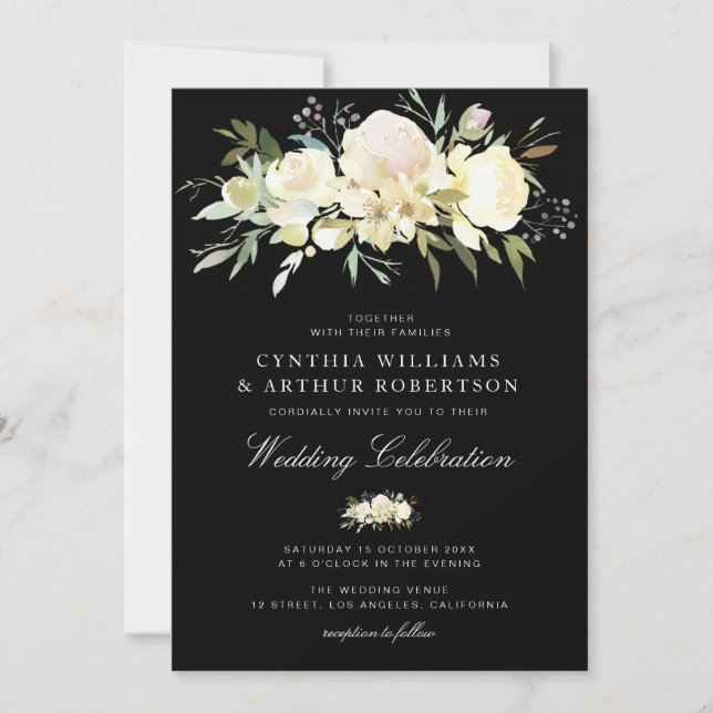 watercolor floral ivory white black wedding invitation (Front)