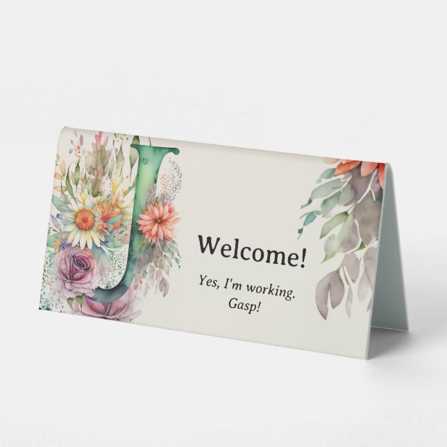 Watercolor Floral J Funny Office Desk Message (Front)