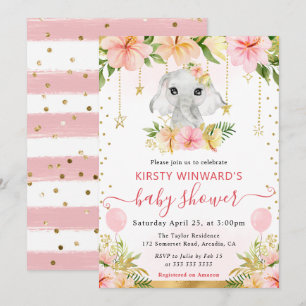 Watercolor Floral Jungle Elephant Baby Shower Invitation