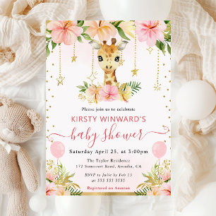 Watercolor Floral Jungle Giraffe Baby Shower Invitation