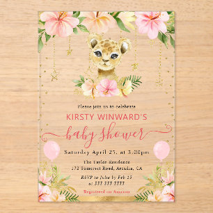 Watercolor Floral Jungle Lion Cub Baby Shower Acrylic Invitations