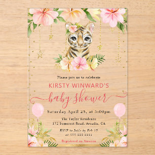 Watercolor Floral Jungle Tiger Baby Shower Acrylic Invitations