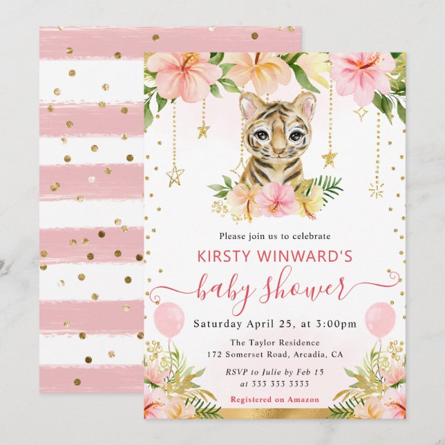 Watercolor Floral Jungle Tiger Baby Shower Invitation (Front/Back)