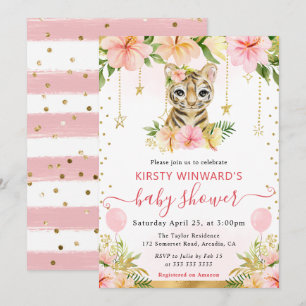 Watercolor Floral Jungle Tiger Baby Shower Invitation