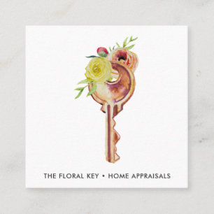Watercolor Floral Key Real Estate Appraiser Square Business Card