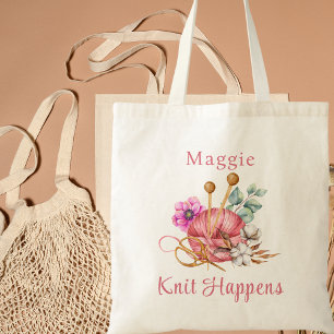 Watercolor Floral Knit Happens Knitting Tote Bag