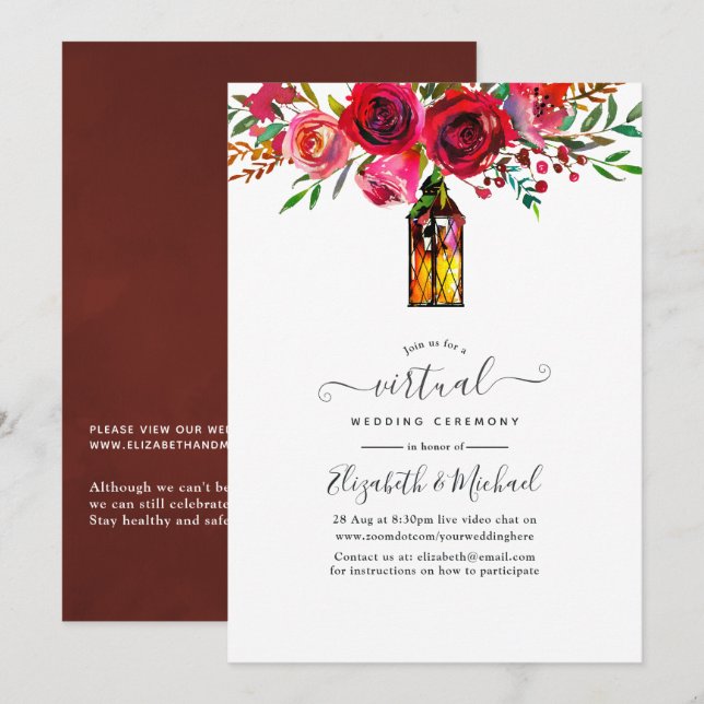 Watercolor Floral Lantern Online Virtual Wedding Invitation (Front/Back)