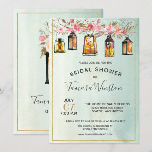 Watercolor Floral Lanterns Rose Gold Bridal Shower Invitation