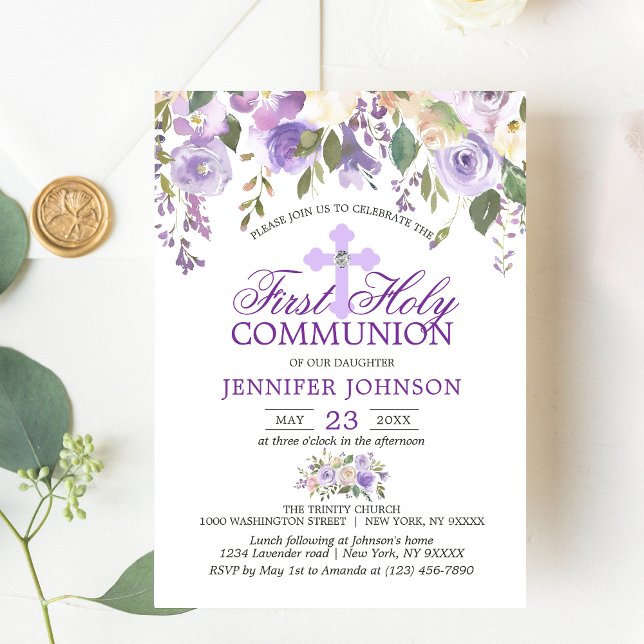 Watercolor Floral Lavender First Holy Communion Invitation (Creator Uploaded)