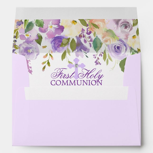 Watercolor Floral Lavender Purple First Communion Envelope (Back (Bottom))