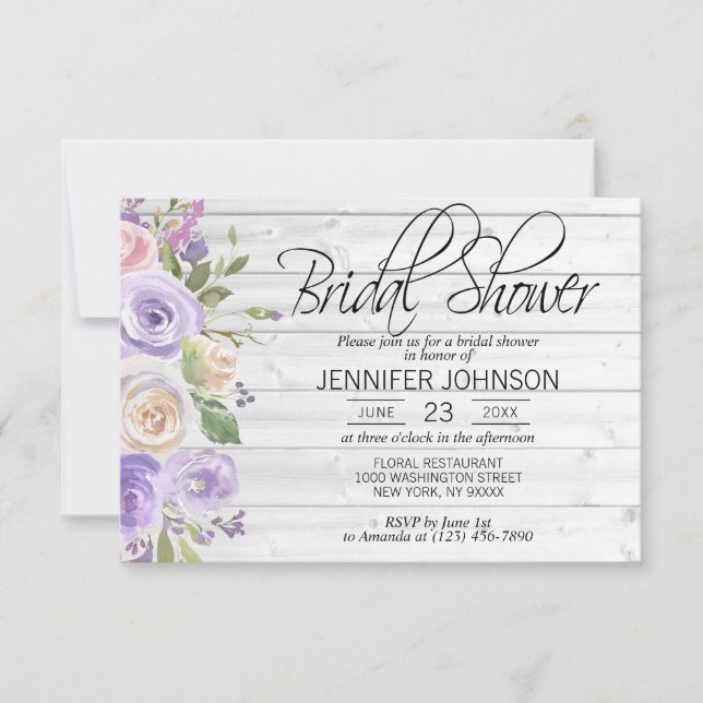 Watercolor Floral Lavender Rustic Bridal Shower Invitation (Front)