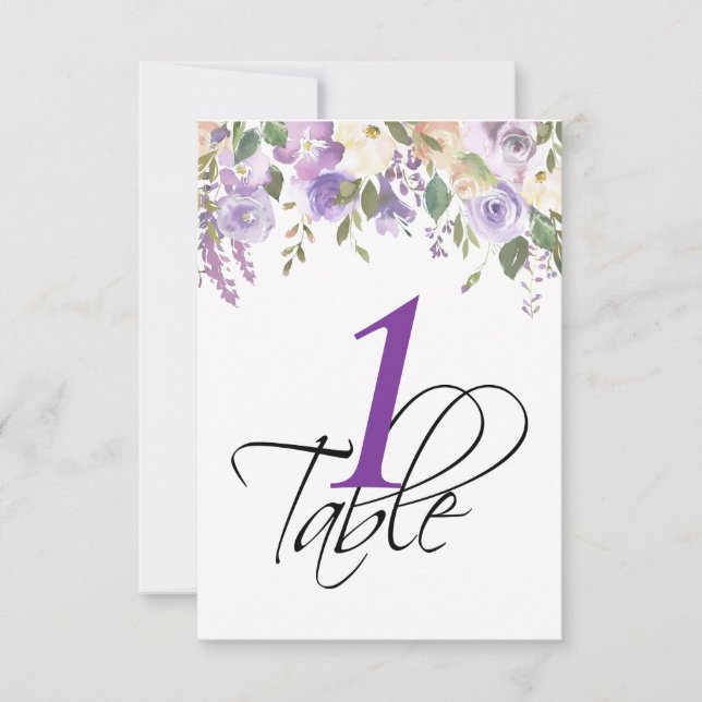 Watercolor Floral Lavender Wedding Table Number (Front)