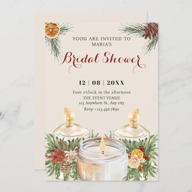 Watercolor floral leaves candles bridal shower invitation (Front/Back)