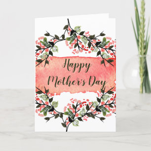 Watercolor Floral & Leaves Pink Green Mother's Day Holiday Card
