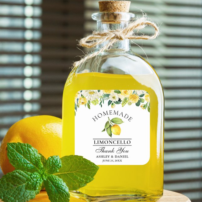 Watercolor Floral Lemon Limoncello Wedding Square Sticker (Customize to change text size, color or text style.)