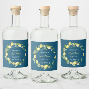 Watercolor Floral Lemon Ocean Blue Liquor Bottle Label