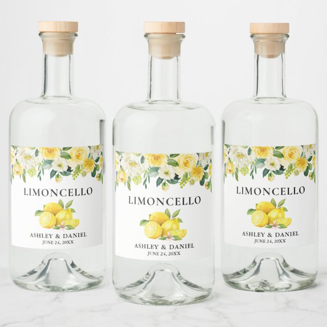 Watercolor Floral Lemons Limoncello Wedding Liquor Bottle Label (Bottles)