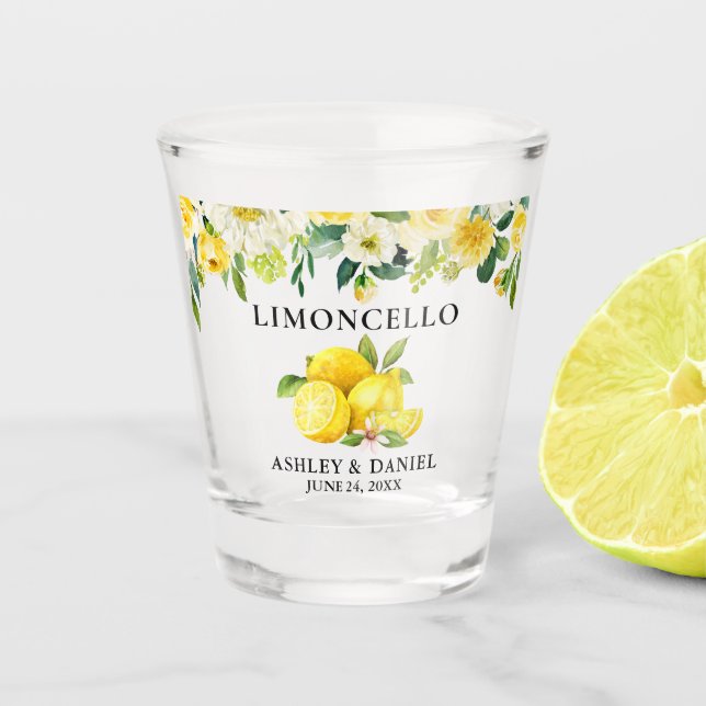 Watercolor Floral Lemons Wedding Limoncello Shot Glass (Front)