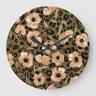 Watercolor Floral Leopard: Endless Pattern Large Clock