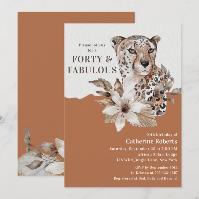 Watercolor Floral Leopard Forty 40th Birthday Invitation (Front/Back)