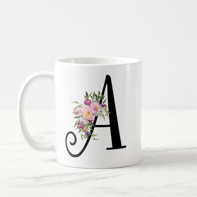 Watercolor Floral Letter A, Monogram Art Mug (Left)