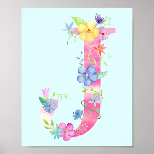 Watercolor Floral Letter J Poster (Front)