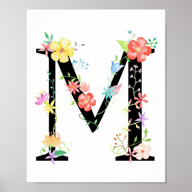 Watercolor Floral Letter M Poster (Front)