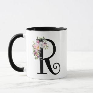 Watercolor Floral Letter R, Monogram Art Mug