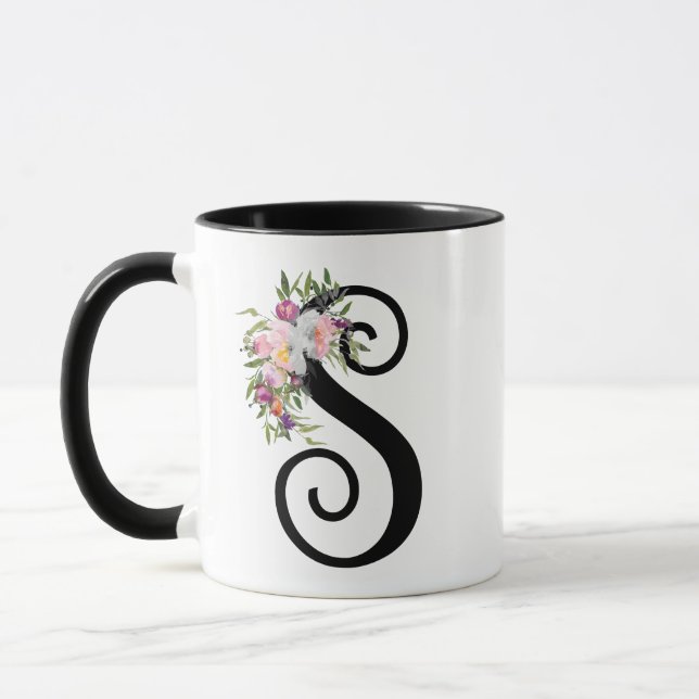 Watercolor Floral Letter S, Monogram Art Mug (Left)