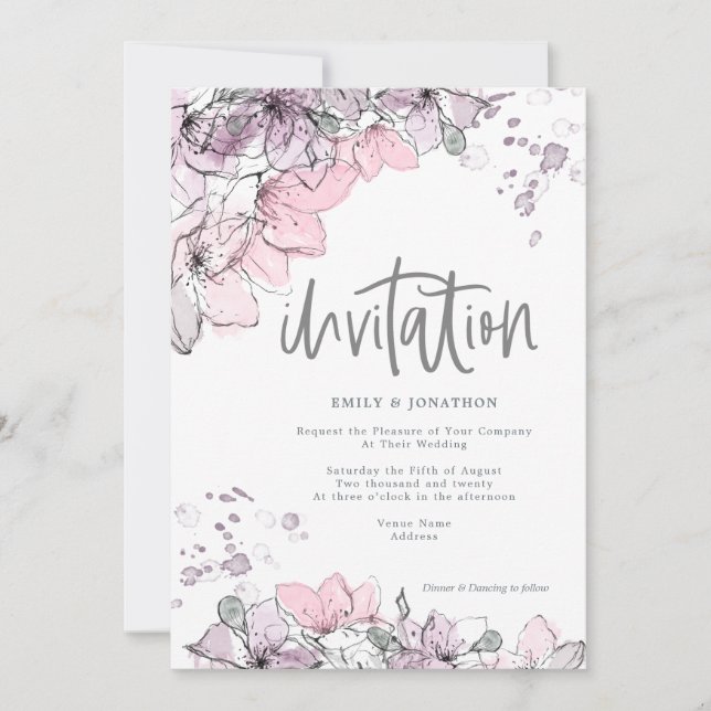 Watercolor Floral Lilac Pink Splash Script Wedding Invitation (Front)