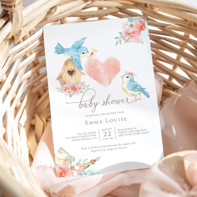 Watercolor Floral Little Birds Girl Baby Shower Invitation (Creator Uploaded)