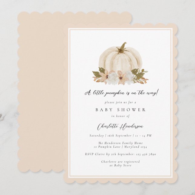 Watercolor Floral Little Pumpkin Baby Shower Invitation (Front/Back)